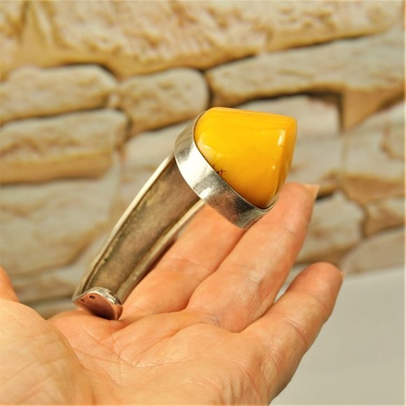 BOLD AMBER 925 SILVER ASYMMETRICAL BRACELET, Egg Yolk Amber Stone, Rare to Find - Picture 7 of 10
